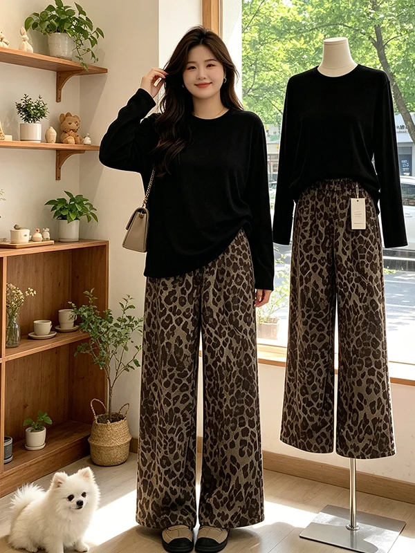 

Loose plus Size Black Long Sleeve Top And Leopard Print Pants Set Women's Summer New Style Slimming Anti-Aging Two-Piece Set