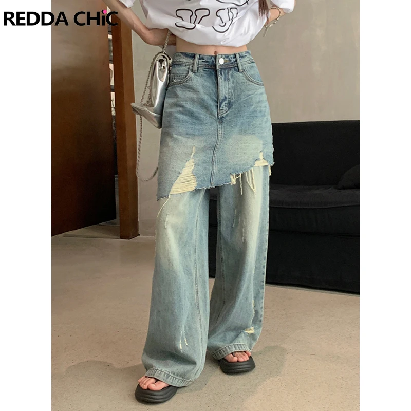 Reddachic Nep 2-delige Gescheurde Baggy Jeans Vrouwen Onregelmatige Patchwork Whiskers Wijde Pijpen Denim Broek Koreaanse Casual Vintage Kleding