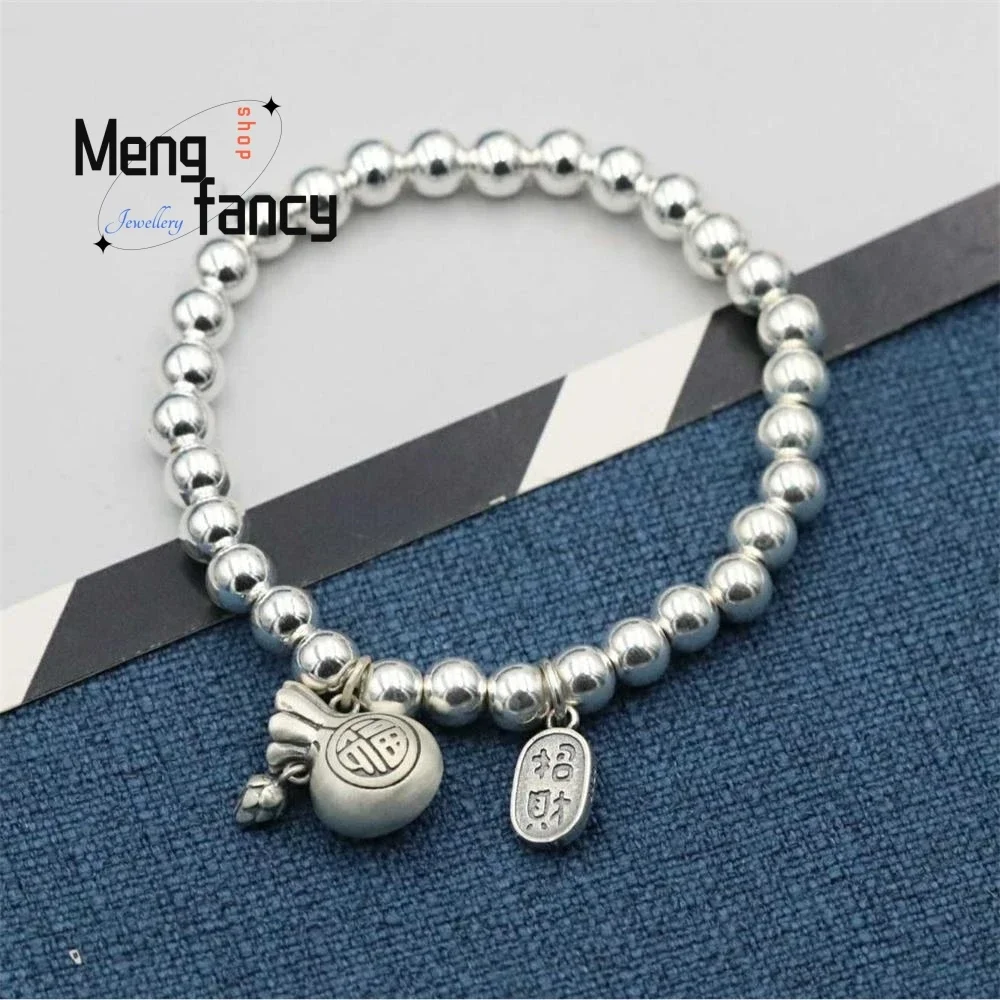 

Nafu money bag round beads sterling silver bracelet women vintage lucky bag silver beads auspicious string jewellery