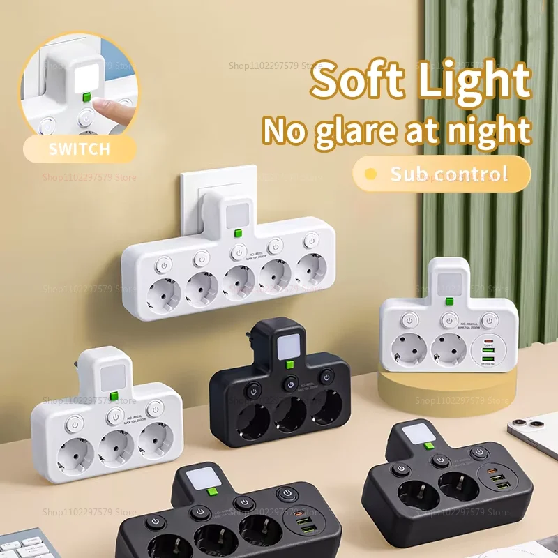 Presa standard europea Multipresa con interruttore indipendente Luce notturna Convertitore USB tipo C Uso domestico in ufficio