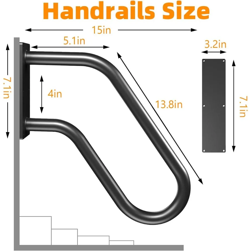 مقبض أمان للدرج مثبت على الحائط على شكل حرف U معدني غير قابل للانزلاق للفناء والجراج والشرفة والحديقة مع طلاء مسحوق #3