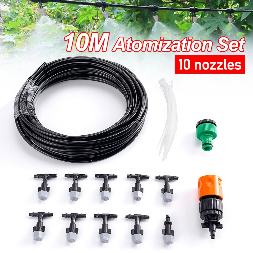 

10m Garden Hose Spray Fog Nozzles Irrigation System Fog Cooling Portable Misting Automatic Watering Head with 10pcs MisterNozzle