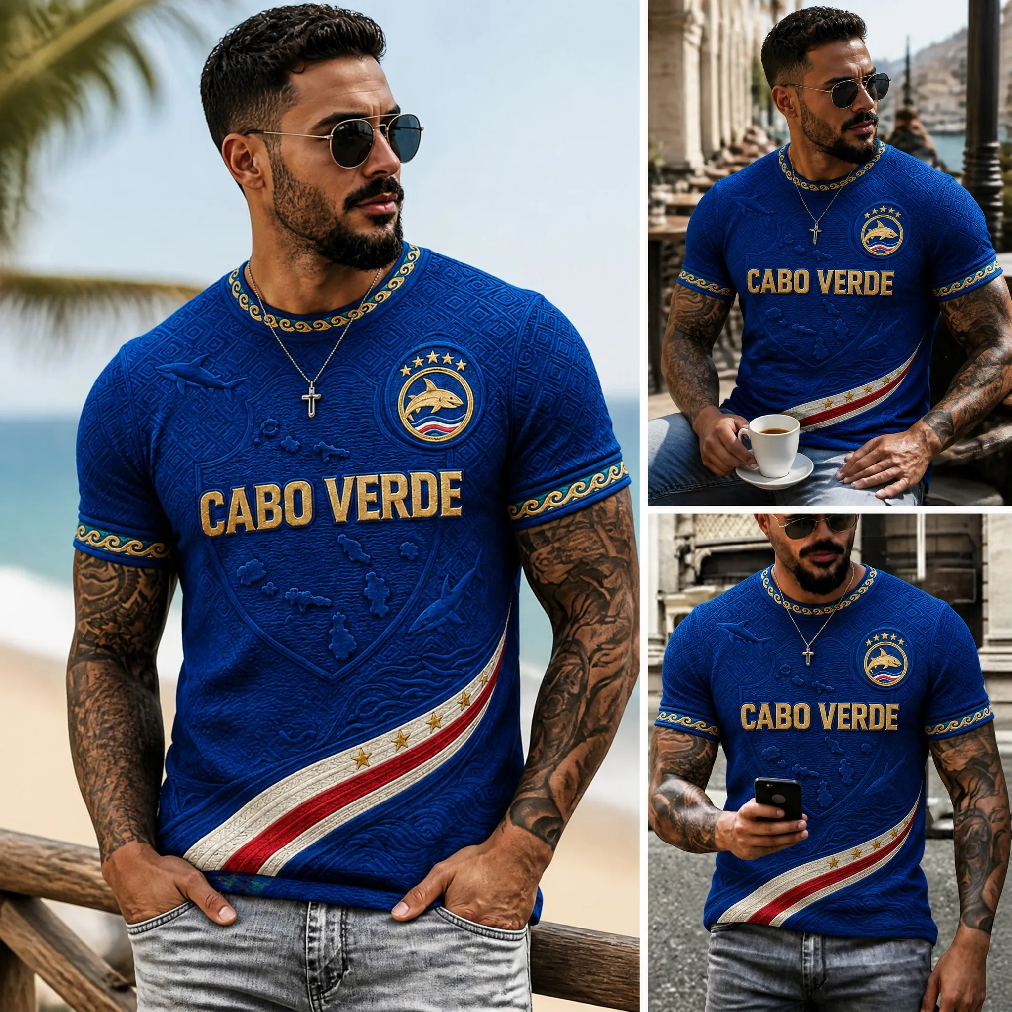 Mens Cabo Verde Crew Neck T Shirt Blue Ocean Wave Football Print Short Sleeve Casual Top Coastal Vacation Summer Style Daily Tee