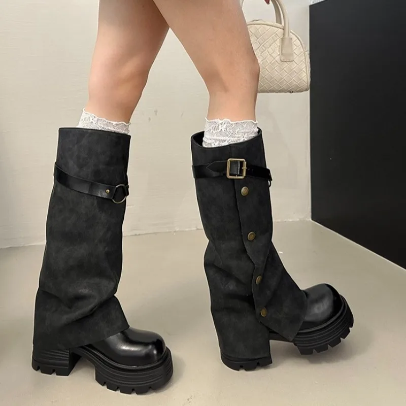 Women's Studed Sleeve Boots Fashion Round Scalp Buckle Platform Anti-Slip Wear-Resistant Trouser Leg Boots