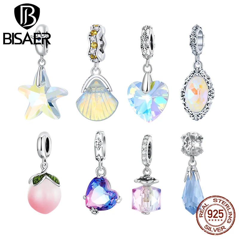 

BISAER 925 Sterling Silver Charms Transparent Heart Starfish Shell Perfume Rose Pendant Fit Bracelet Necklace DIY Jewelry Gift