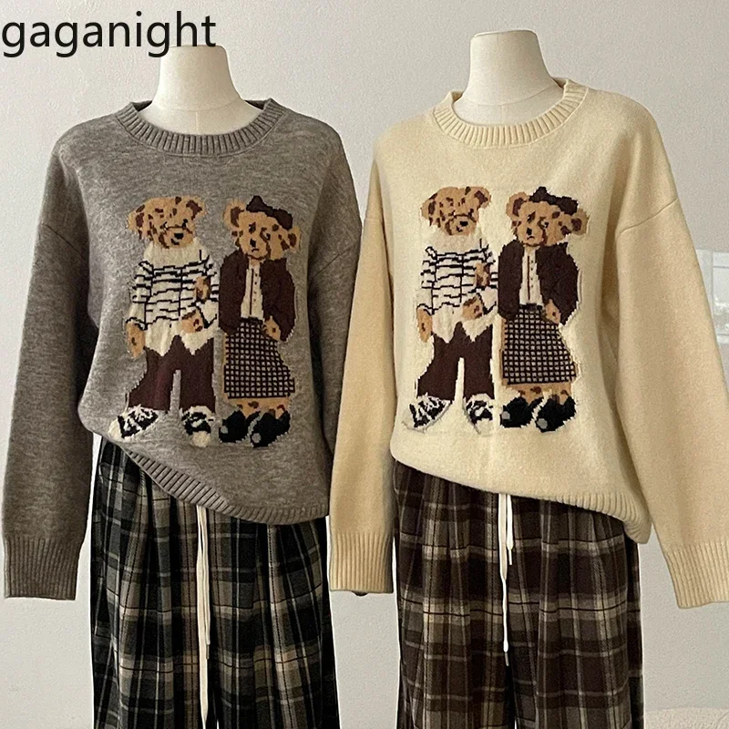 Gaganight Women O neck Cartoon Printed Pullover Knitted Sweater 2025 Autumn Winter New Vintage Korean Version Women's Clothing