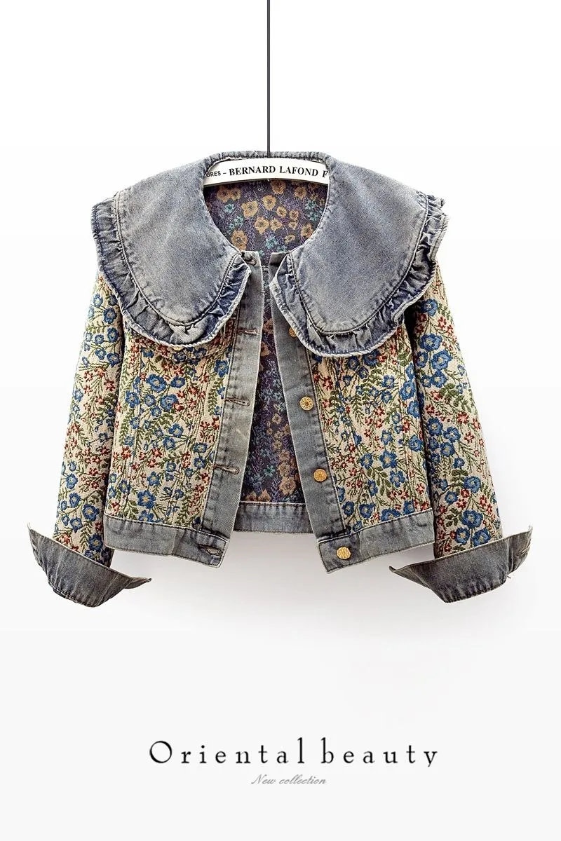2026 Spring Autumn Women's New Fashion Jacquard Long-sleeved Age-reducing Doll Collar Denim Jacket Short Versatile Foreign-style