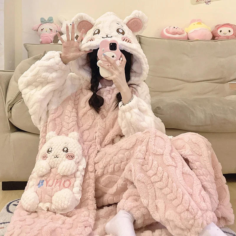 Anime Women Kawaii Cartoon Chiikawa Hooded Pajamas Set Thick Flannel Warm Fleece 2Pcs Winter Loungewear Home Nightwear Soft