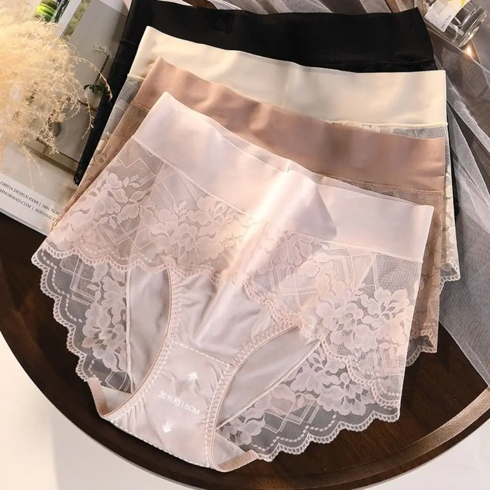 Comfortable Thin Women Lace Panties Flower Large Size High Waist Briefs Cotton Crotch Santi Silk Lace Mesh Underwear Daily