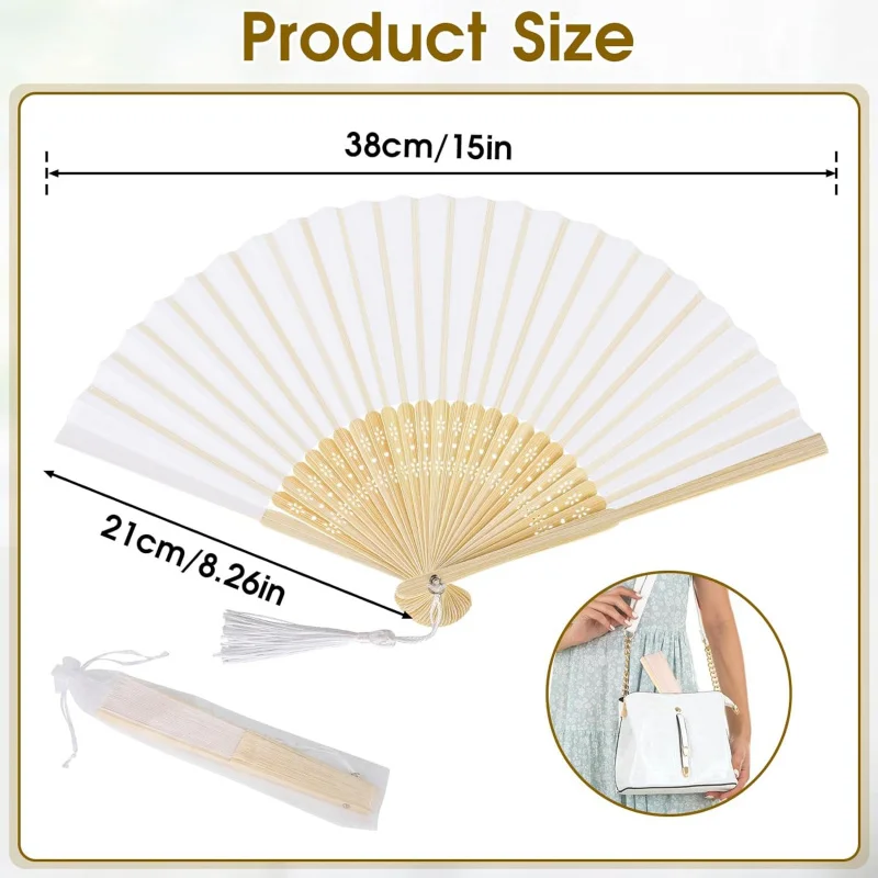 4Sets Hollow Carved Bamboo Folding Fans, Blank White Paper Fans for DIY Painting & Wedding Favors