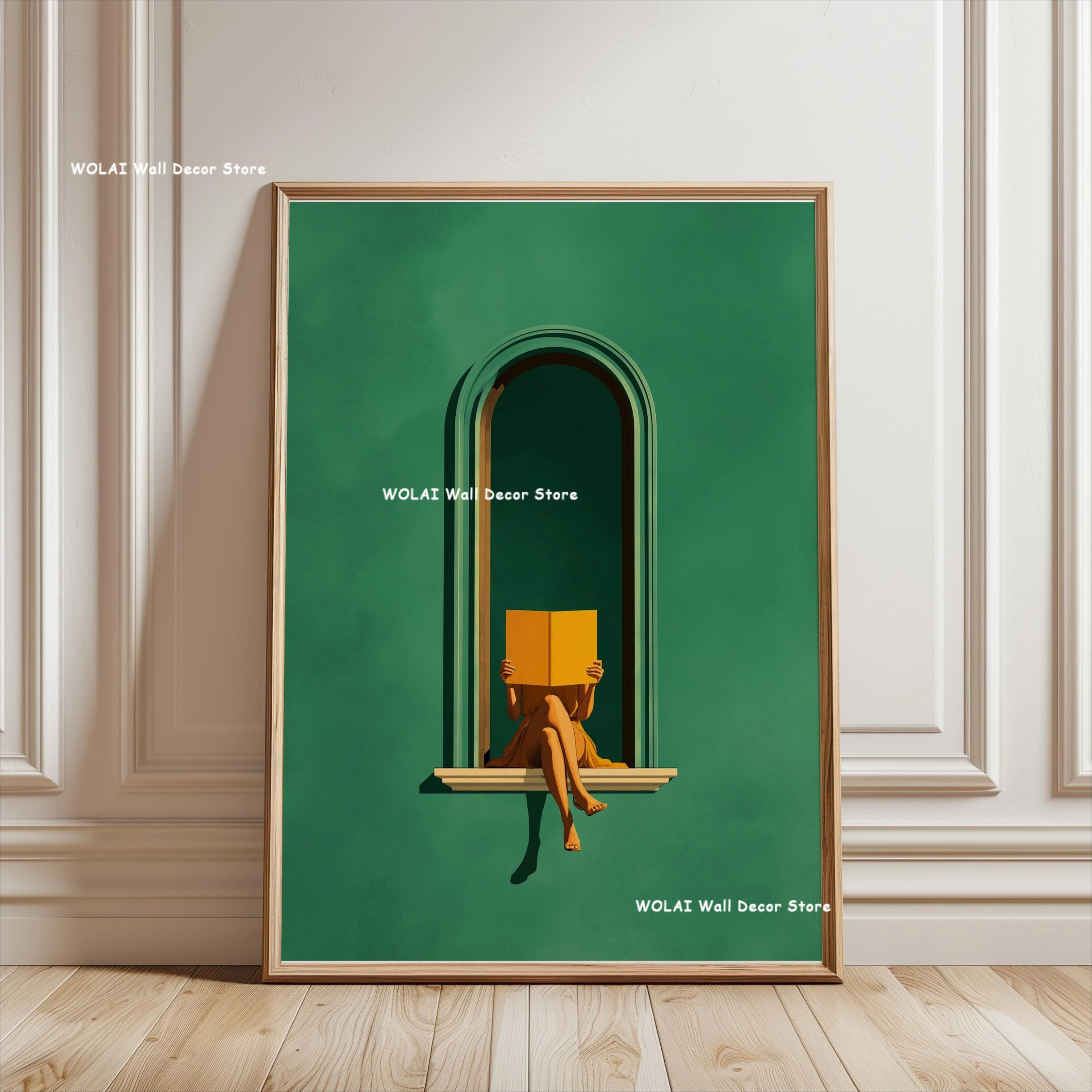 Emerald Green Woman Reading Canvas Print Reading Corner Bedroom Wall Art Poster for Modern Library Home Decor Book Lover Gifts