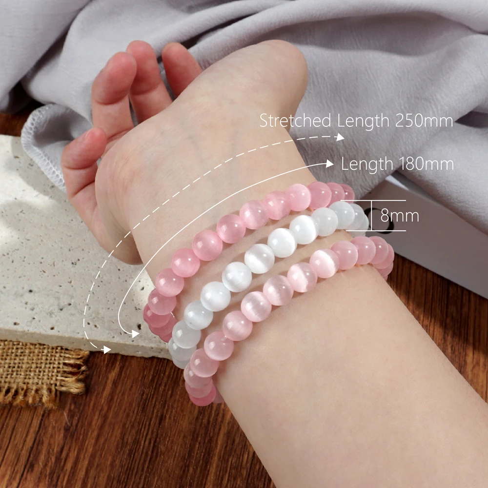 

Fashion 8 mm Pink Green White Cat Eyes Stone Round Bead Lucky Stone Elastic Rope Bracelet Vintage Palace Bead Bracelets Women