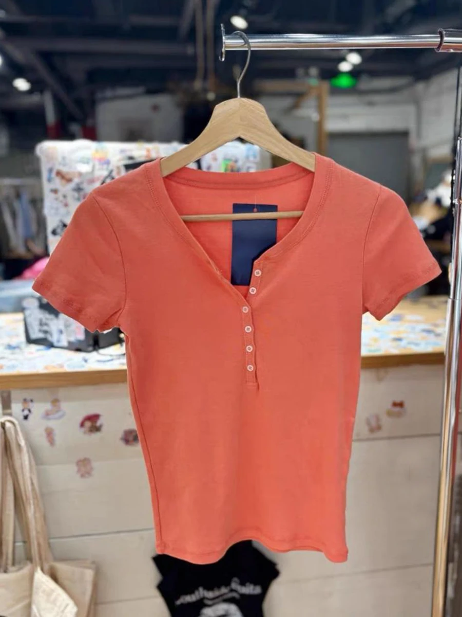 Six Buttons Orange Slim T-shirts Woman Summer O-neck Short Sleeve Cotton Tee Tops Female Casual Simple Solid All-match Tshirts