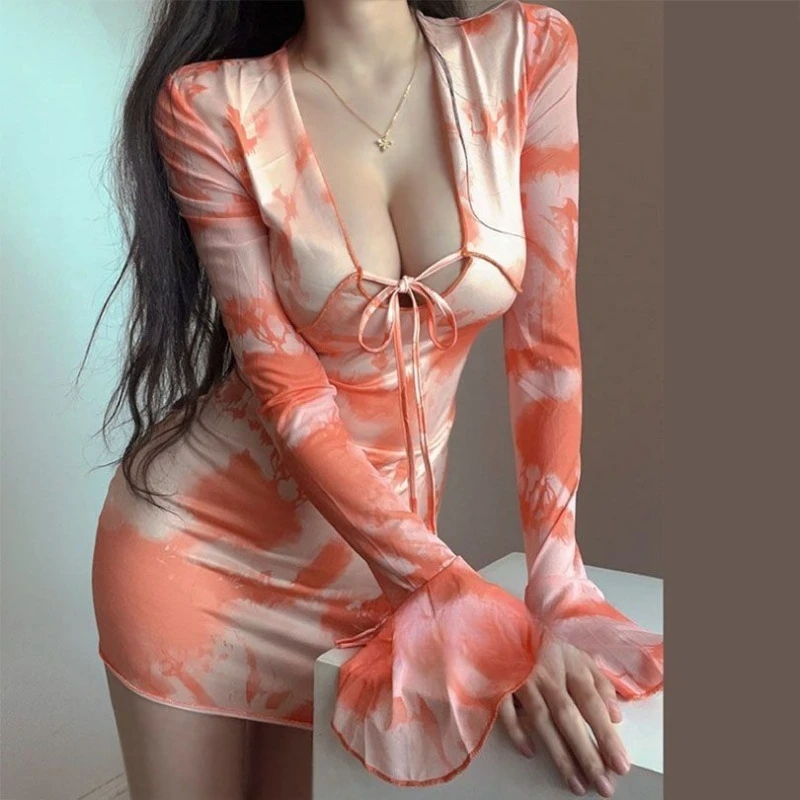 

Женское платье с длинными рукавами, французское винтажное мини-платье Y2k, модная осенняя одежда с принтом, женское сексуальное утягивающее платье на шнуровке с запахом