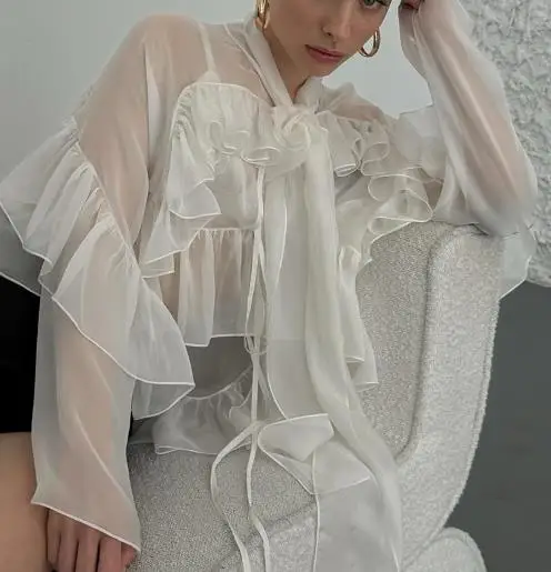 Spring and Summer New Ruffled Ribbon Tencel Silk Shirt 2025 Fashionable Women's Top