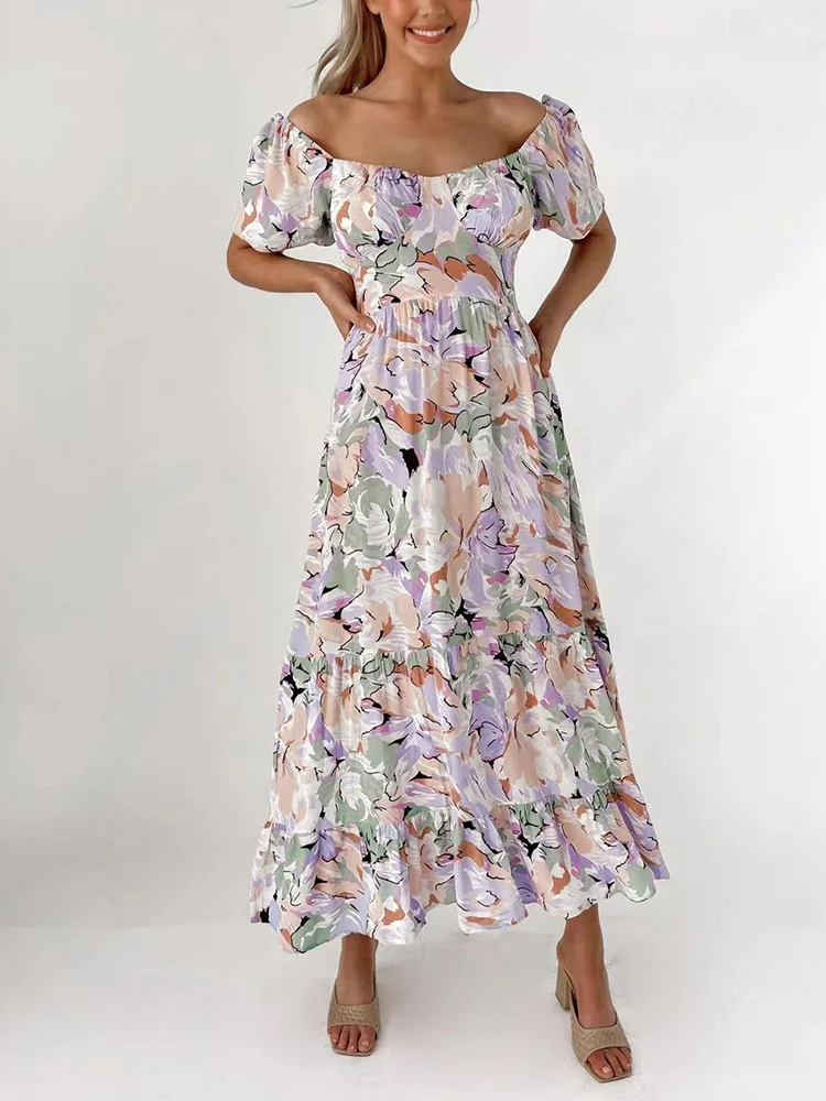 

Dresses For Women 2022 Short Puff Sleeve Tiered Hem Summer Maxi Dress Sweetheart Neck Floral Print Vacation Beach Long Dress