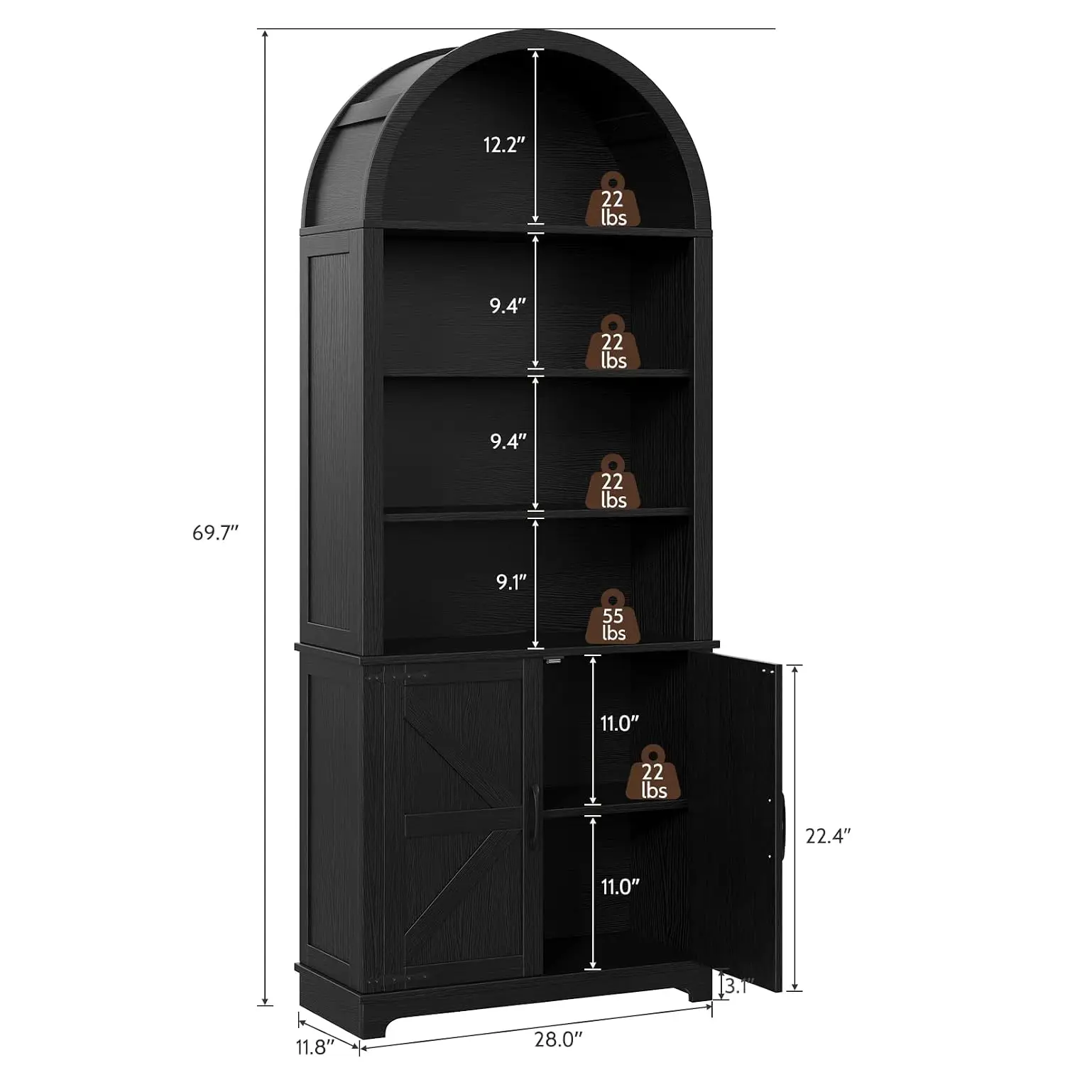 6-Tier Arched Bookcase With Doors, 70