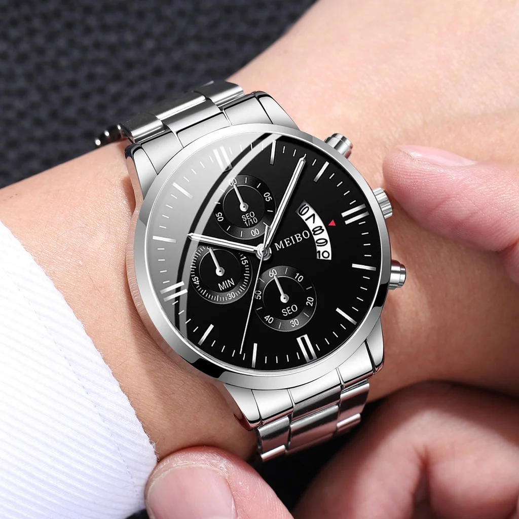 3PCS Men Business Watches Fashion Steel Band Calendar Watch Quartz Watch Relogio Masculino（Without Box）