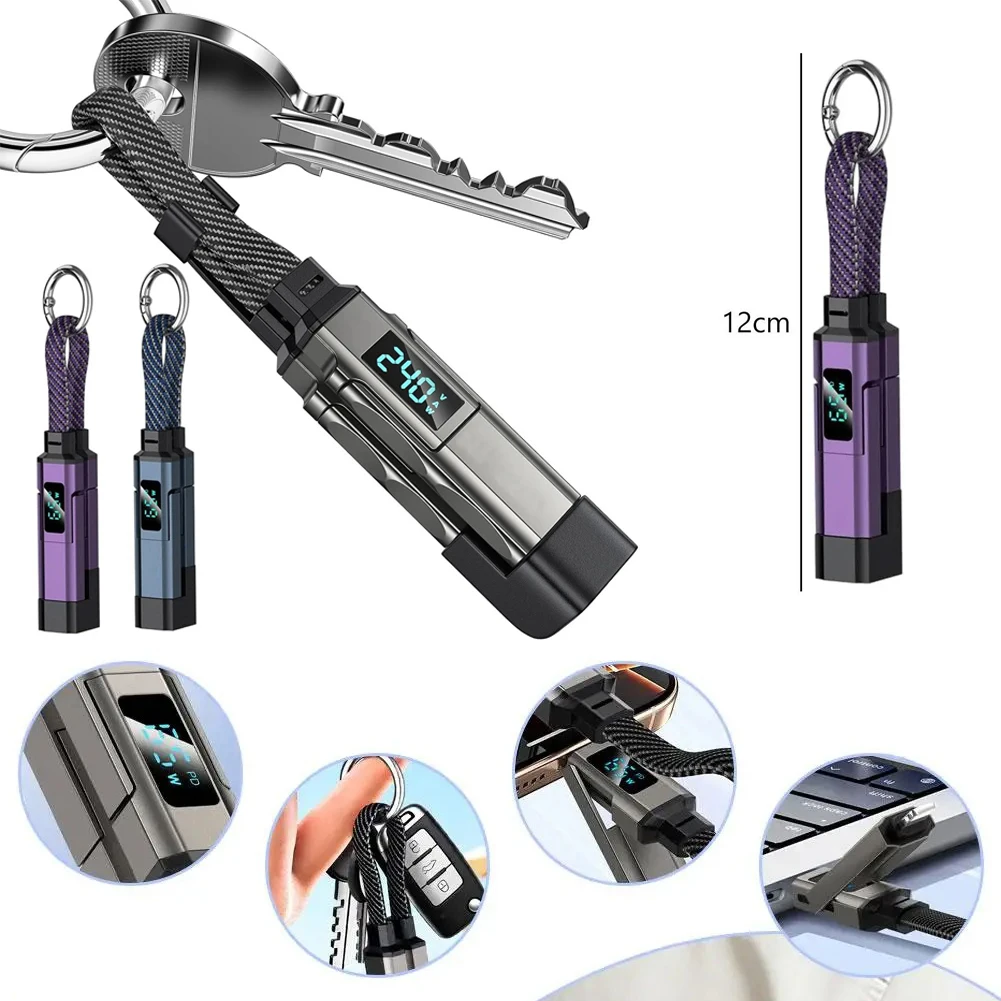 Hot New 4 in 1 65W Keychain* Charging Cable USB C Cable with V/A/W Display Type C for Portable Cord for Laptop Mobile Phone*