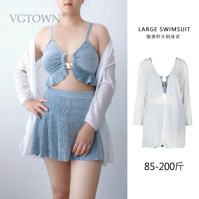 2026 New 3PCS Plus Size Two Piece Korean Swimsuit Women Long Sleeve Cover Up Pleate Dress Swimwear beach Bathing Suit Holiday