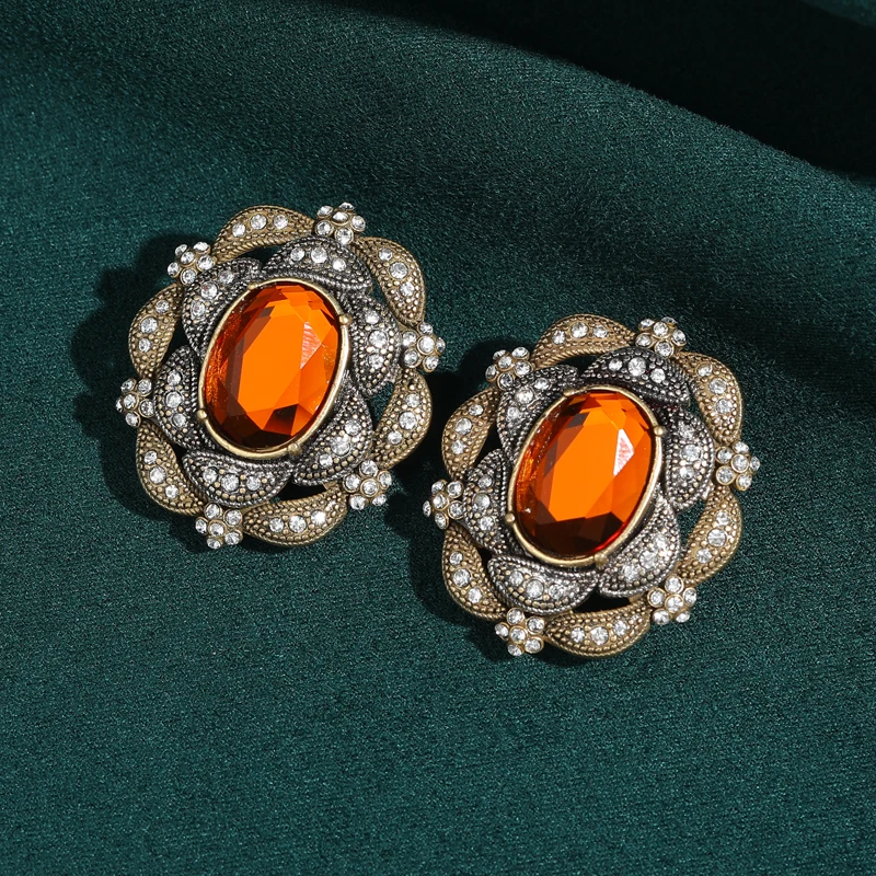 Pendientes de cristal naranja Vintage con forma de flor de piedra Natural, joyería de lujo de Color oro antiguo 925 para mujer, accesorios Retro nuevos