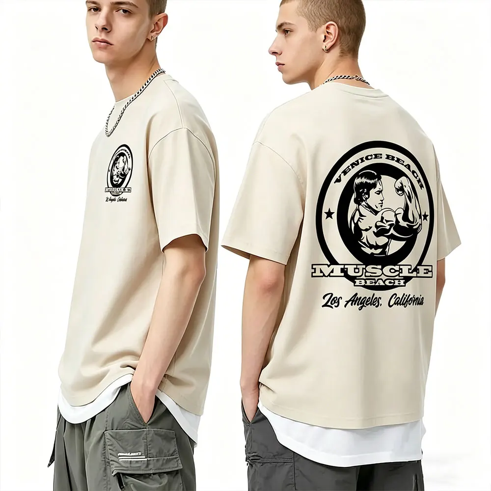 Camiseta con estampado de MUSCLE BEACH VENICE BEACH Arnold Schwarzenegger Olympia, camisetas informales para gimnasio y Fitness para hombre, camisetas Retro de algodón para hombre