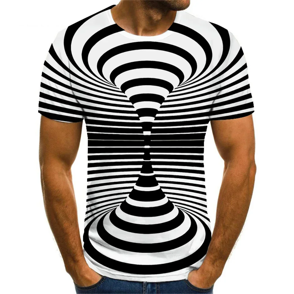 Fashion Men's Optical Illusion 3D Tunnel Vortex T-Shirt Blue Square Geometric Print C Short Sleeve Novelty Tee Funny T Shirts