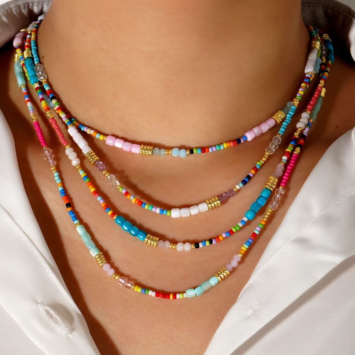 1PC Boho Beaded Necklaces For Women Dainty Colorful Summer Bohemian Mixed Bead Crystal Nekclace Choker Beach Jewelry