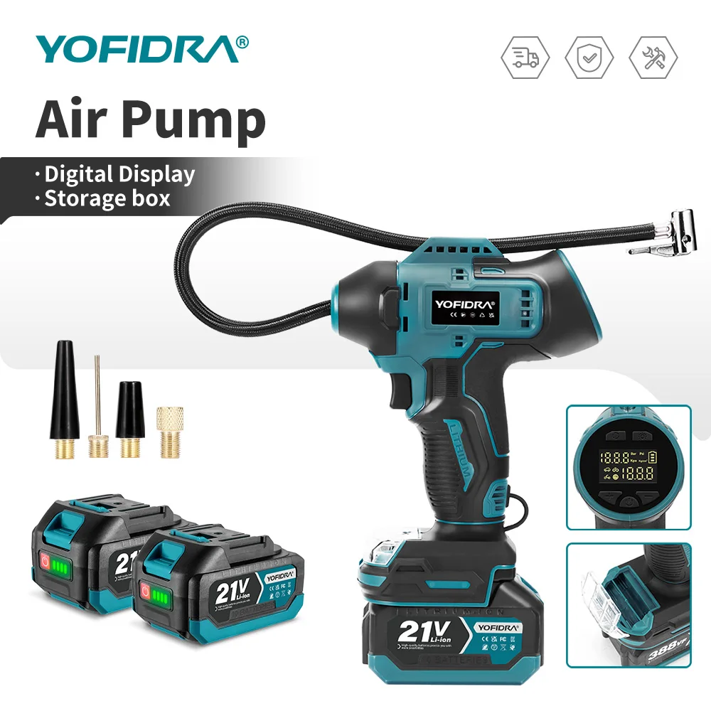 YOFIDRA Elektrische Luftpumpe Reifenfüller Hochdruck-Digitalanzeige Auto-Luftkompressor-Werkzeug für Makita 18-21V Akku