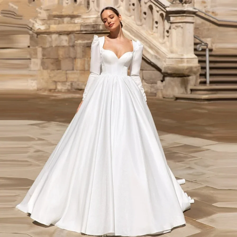 Robe de Mariée de Luxe en Satin avec Grand Nministériels d, Tenue Classique à Col en V, Manches sulf, Dos aux, pour Bal de Promo, pour Patients