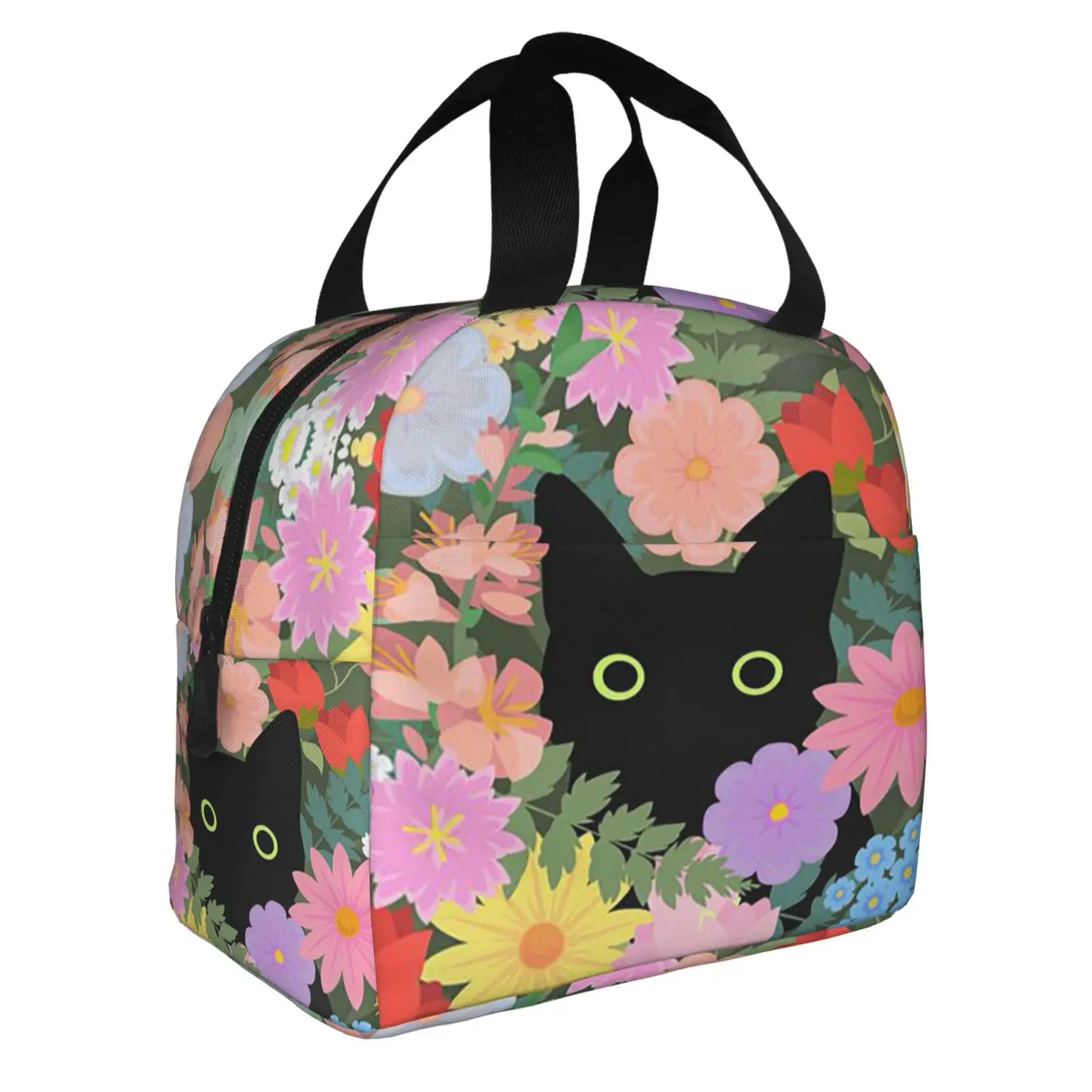 Cute Cartoon Black Cat in Flowers Print Lunch Bag Portable Thermal Cooler Insulated Bento Box for Kids Food Tote Bags