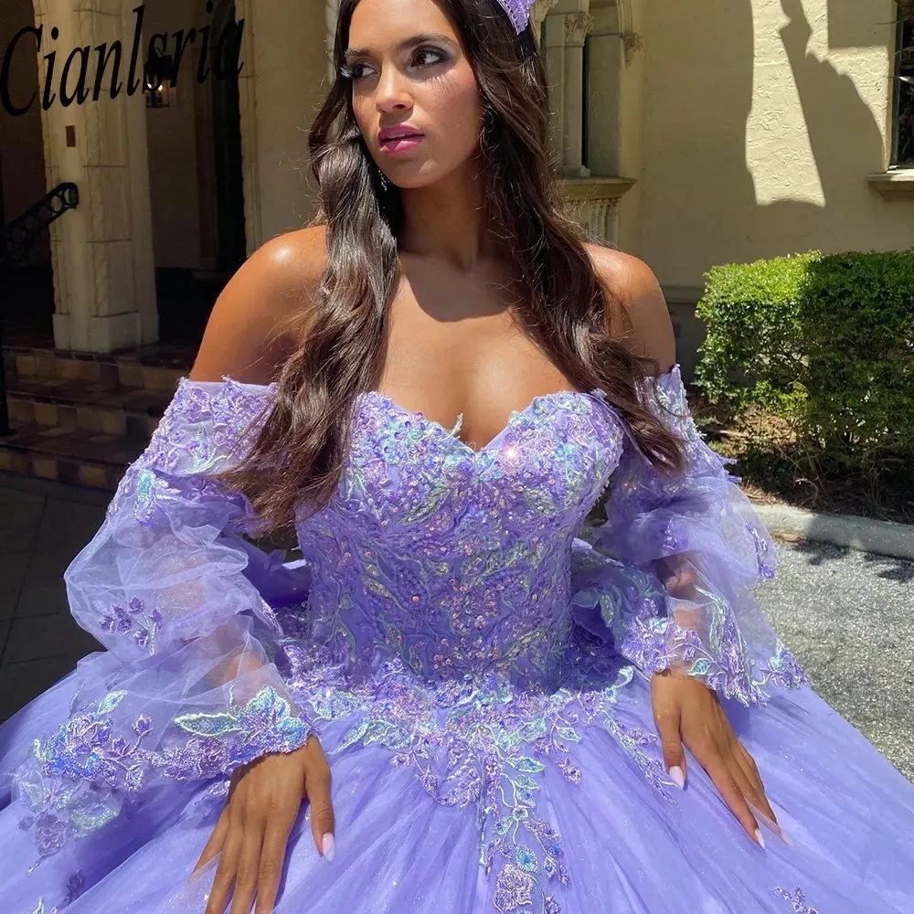 

Lilac Long Sleeve Beading Sequined Quinceanera Dresses Ball Gown Off The Shoulder Appliques Lace Corset Vestidos De 15 Años