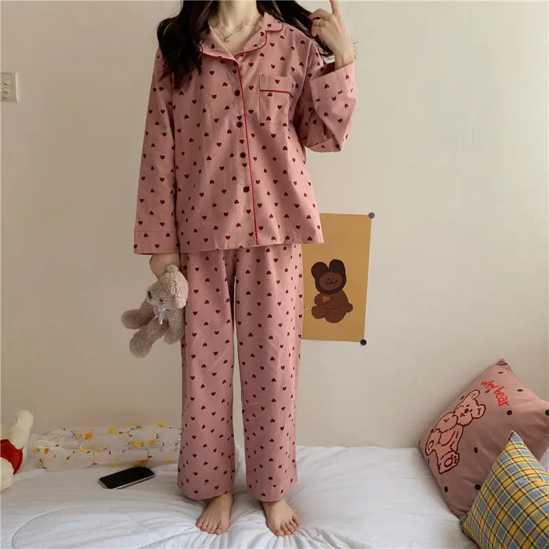 Conjunto de pijama de manga larga para mujer, cuello vuelto, elegante, estampado dulce, suave, con bolsillos de un solo pecho, primavera y otoño, para dormir