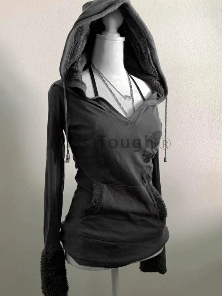 Autumn Aesthetic Vintage Slim Long Sleeve Tops Women Design Y2k Solid Print Hooded Top Female Gothic Chic Thin V Neck Hoodie New