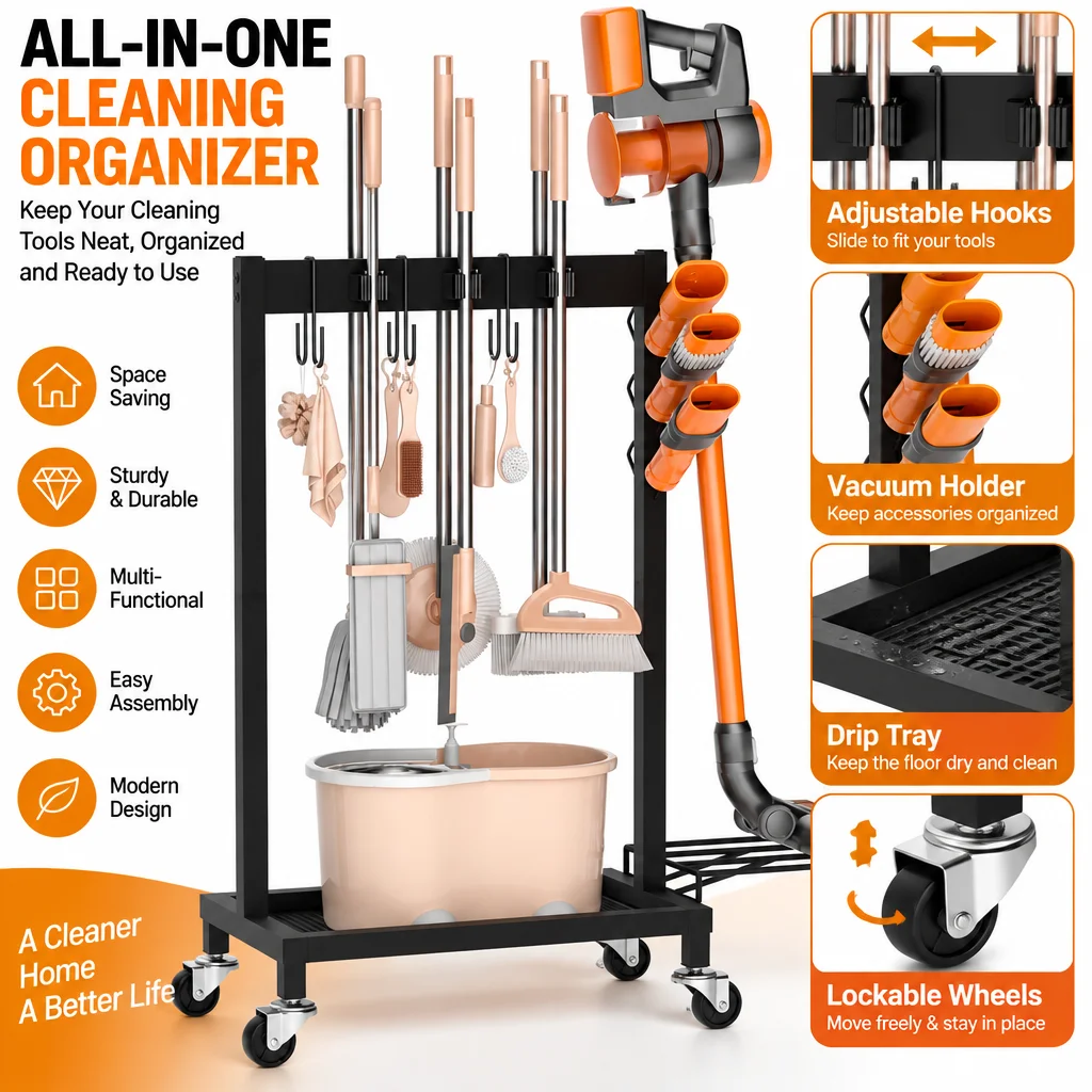 1/2SET Broom Holder Cleaning Supplies Organizer with Mop Hanger and Vacuum Storage No Wall Mount Needed