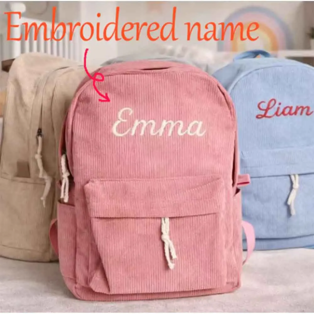 Embroidered Name Kids School Bag Personalized Toddler Backpack Child Corduroy Backpack Birthday Gift Laptop Bag Back to School ﻿