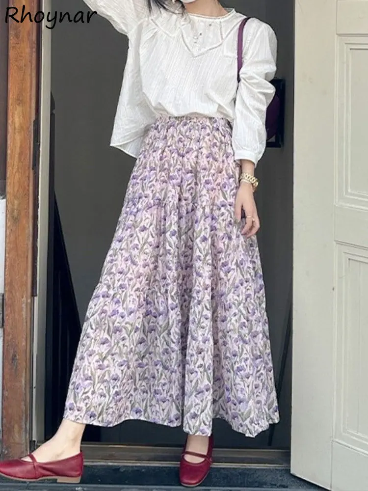 

Long Skirts Women Loose Purple Floral Prairie Chic Graceful Summer Vintage Literary French Mature Tender Aesthetic Faldas Trendy