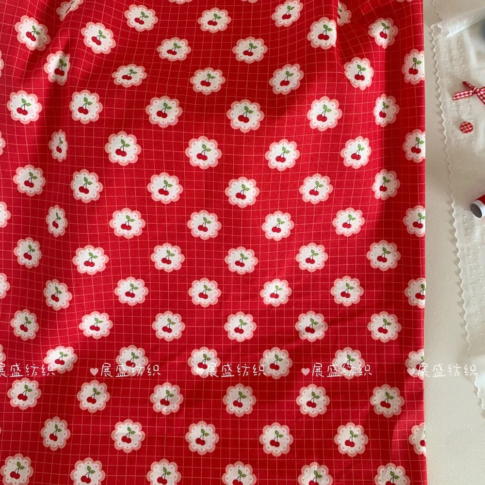 145x50cm 40s 100% Cotton Poplin Printed Fabric Plaid Cherry Floral Print Cloth For Handmade DIY Bags Hair Accessories Garments