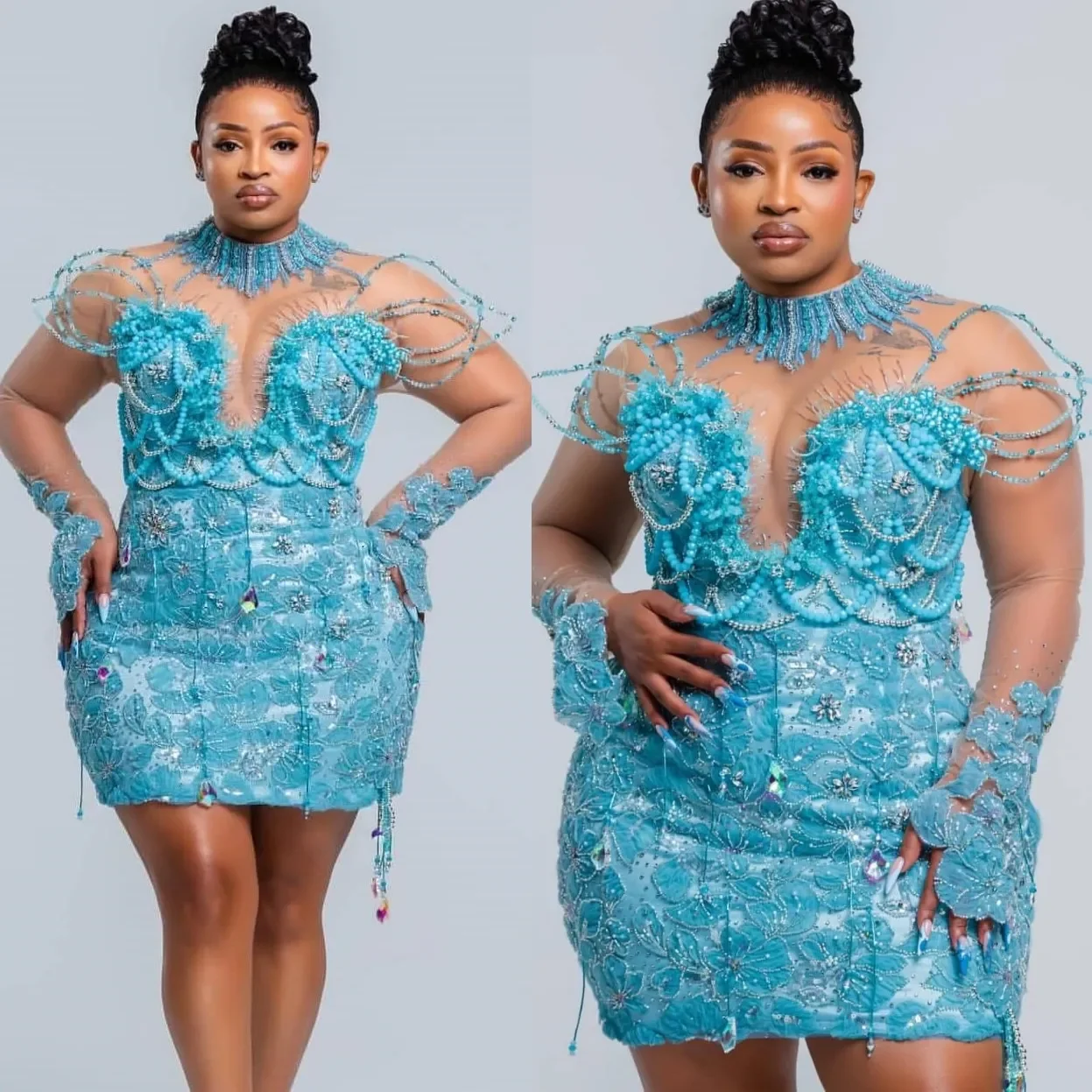 

Sky Blue Sheath Cocktail Dress Pearls Crystals Floral Lace Full Sleeves Short Mini Graduation Homecoming Dresses Customized