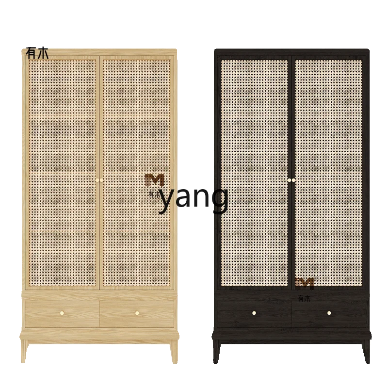 

LTT new Chinese solid wood rattan wardrobe modern two-door wardrobe medium antique storage cabinet