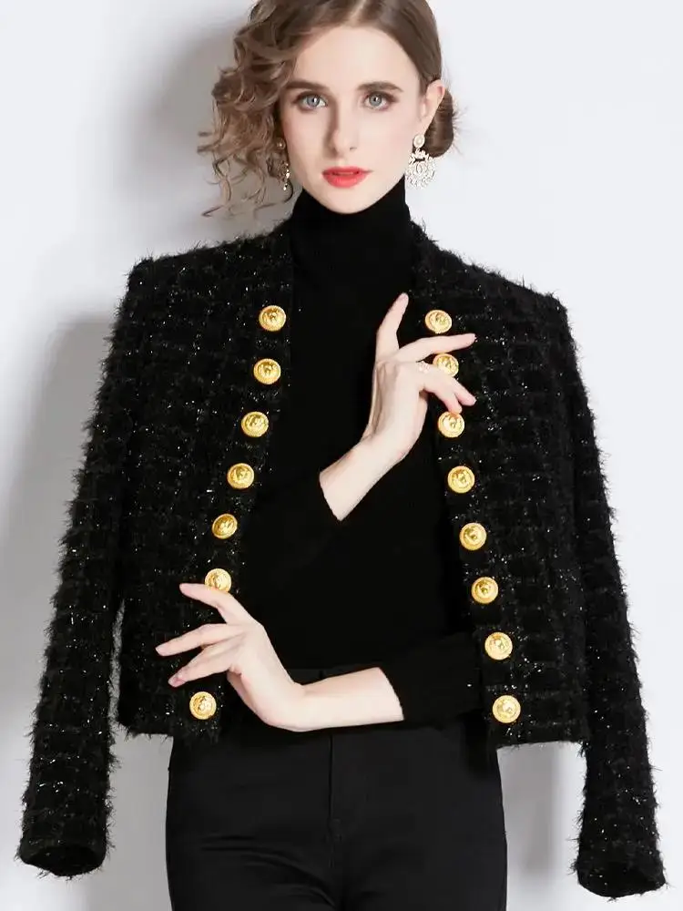 Women Black Tweed Short Cardigan Slim Outwear Jacket Top Autumn Winter New Metal Double Breasted Tassel Bright Silk Wool Coat