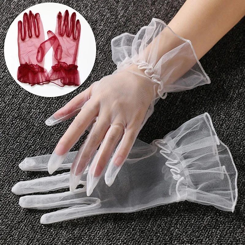 

Women Mesh Gauze Ultra Thin Gloves Transparent Lace Tulle Short Glove Elegant Wedding Dress Gloves Party Clothes Accessories