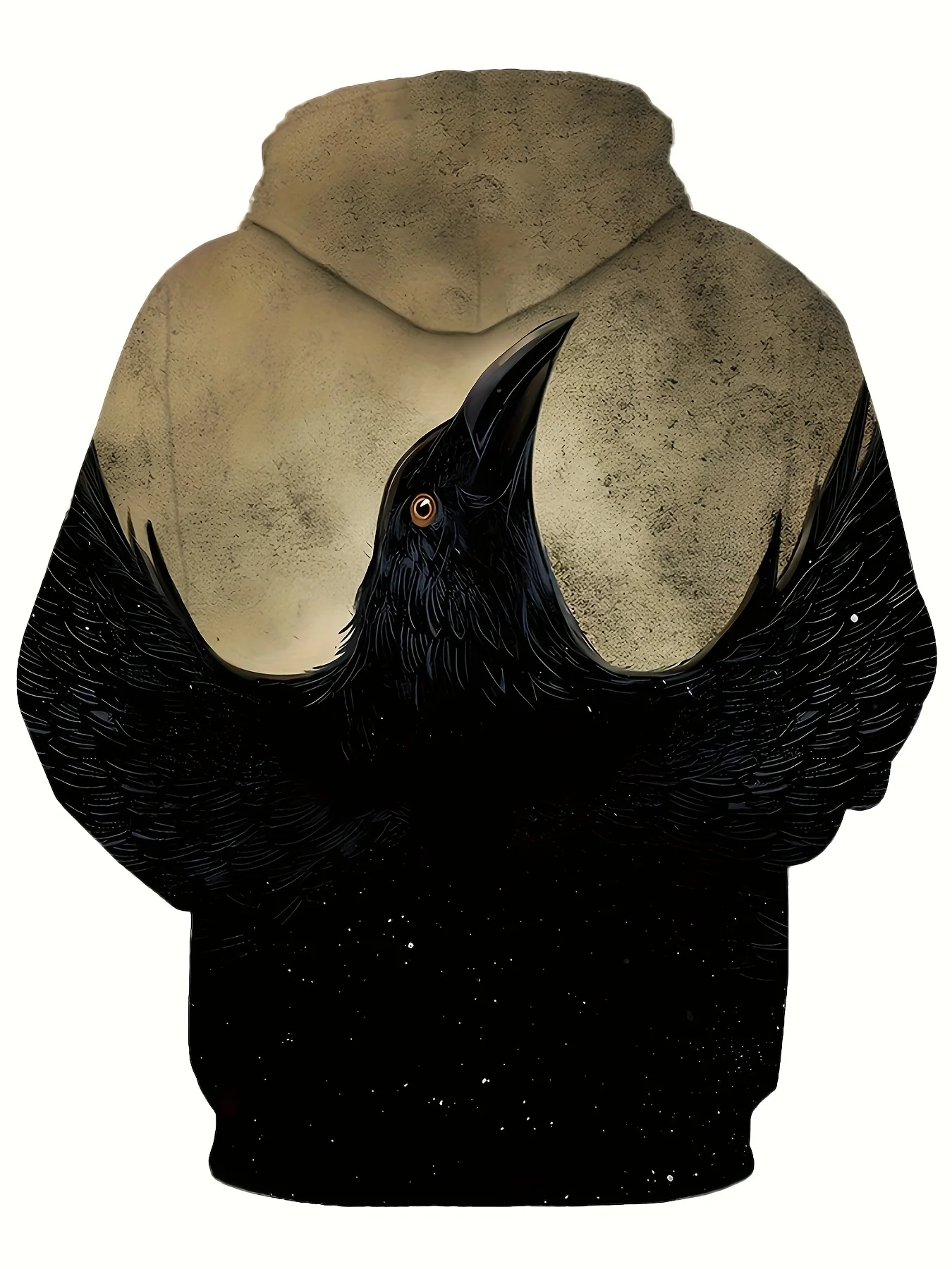 Mens Taupe Fade Top To Black Hoodie Detailed Crow Bird Wing Art Gradient Texture Back Graphic Daily Casual Sweat Top
