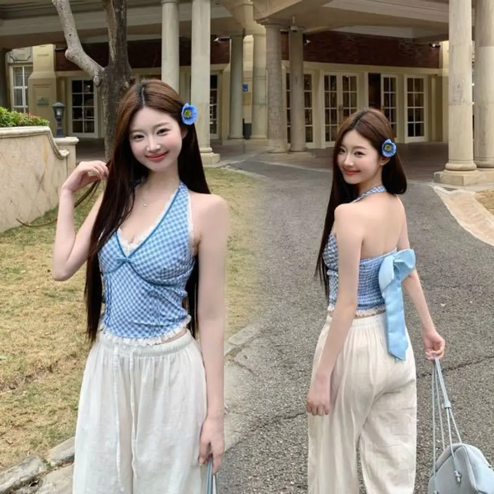 

Укороченный топ без рукавов с бантом в полоску и V-образным вырезом, облегающий кружевной жилет, топ для девочек, съемная нижняя рубашка с бантом