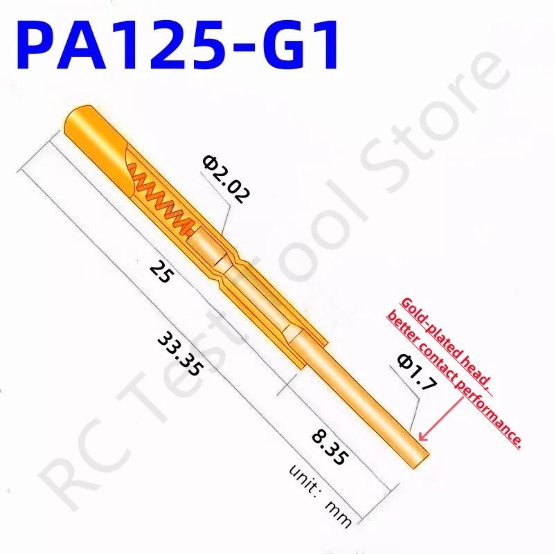 

20/100PCS PA125-G1 Spring Test Probe PA125-G Test Pin P125-G P125-G1 Test Tool 33.35mm 2.02mm Needle Gold Tip Dia 1.7mm Pogo Pin