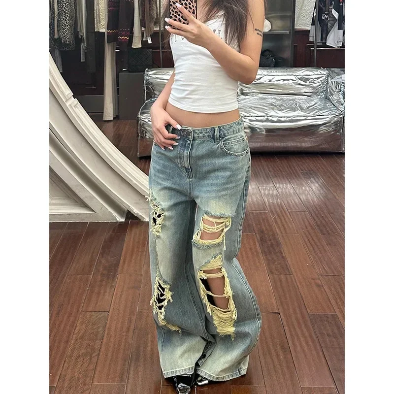 스트리트웨어 아메리칸 레트로 Y2k 찢어진 청바지 여성 하라주쿠 오버사이즈 빈티지 펑크 배기 데님 바지 일본 2000년대 트래시 팬츠