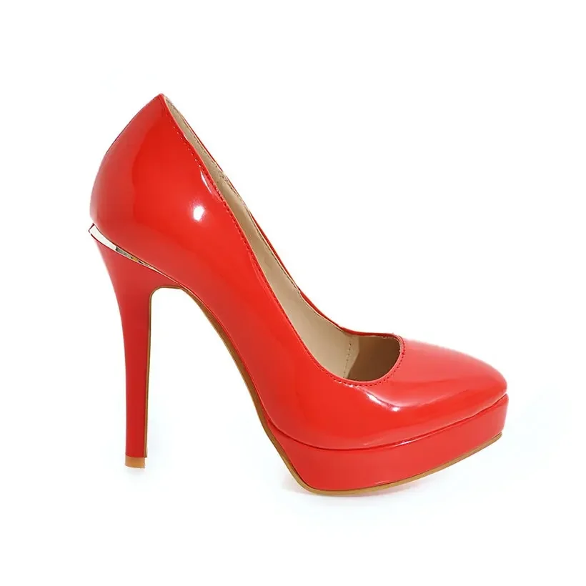 Zapatos de tacón con plataforma para mujer, elegantes, de talla grande, para oficina, 12cm, tacones súper altos y finos, para fiesta de boda, punta estrecha, charol rojo