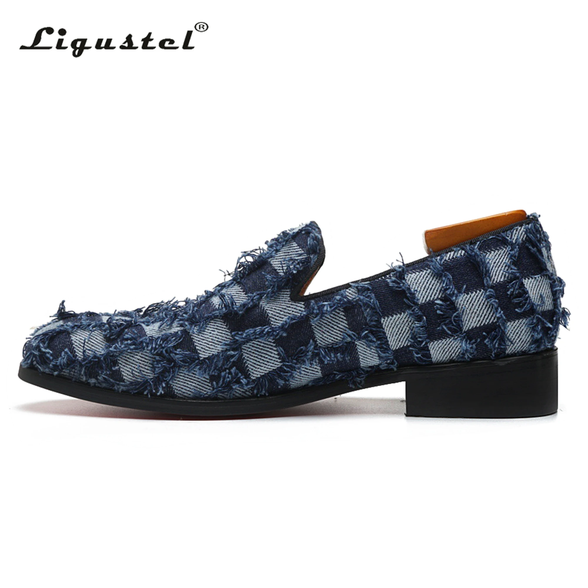 Ligustel Men Shoes Fashion Designer Denim Casual Shoes Male Formal Red Bottom Loafer Blue Shoes for Men with Free Shipping