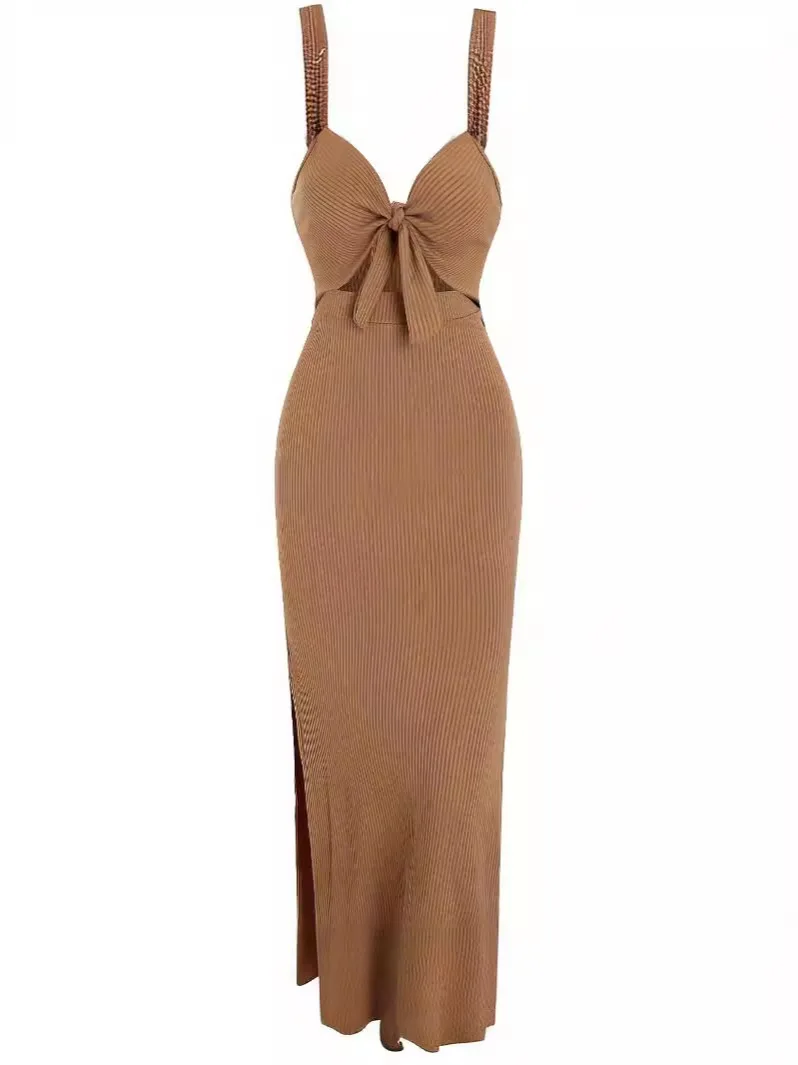 الشكل المعانقة فستان الخامس الرقبة عارية الذراعين التعادل الجبهة فساتين انقطاع عالية الشق Bodycon فستان السباغيتي حزام كامي ثوب مفتوح الظهر