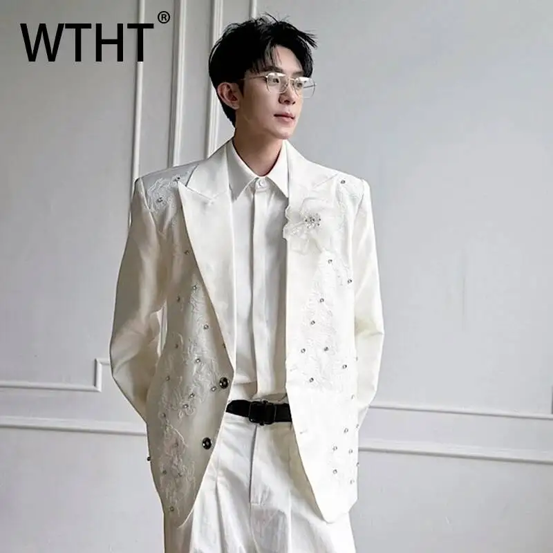 WTHT Fashion Men's Spliced Lace Diamond 3D Flower Design Blazer Coats Trendy 2026 Summer Turn Down Collar Jackets Male 2A3097